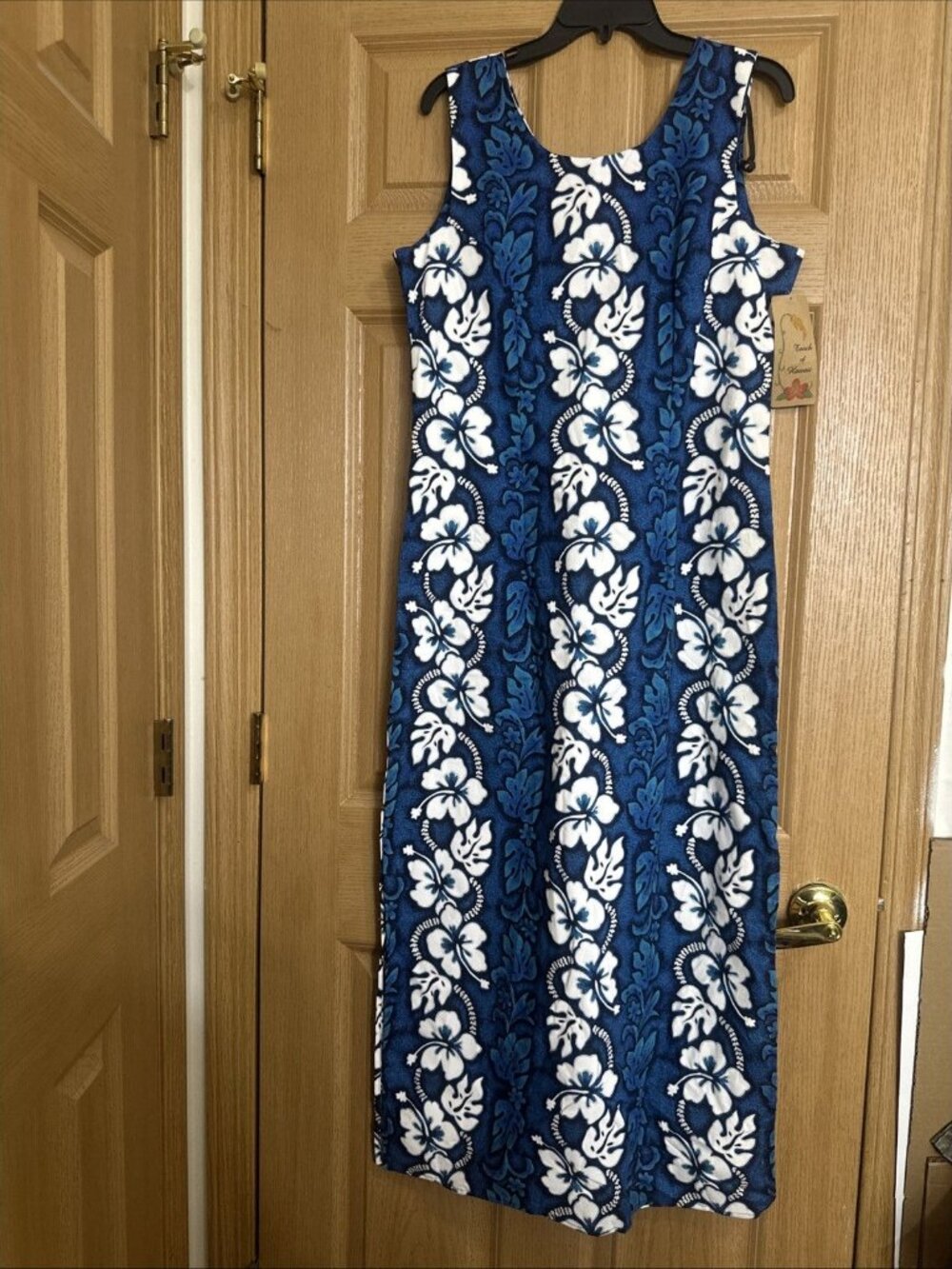 Vintage Hawaiian Dress Womens XL Blue Floral Maxi Made In Hawaii Cotton
